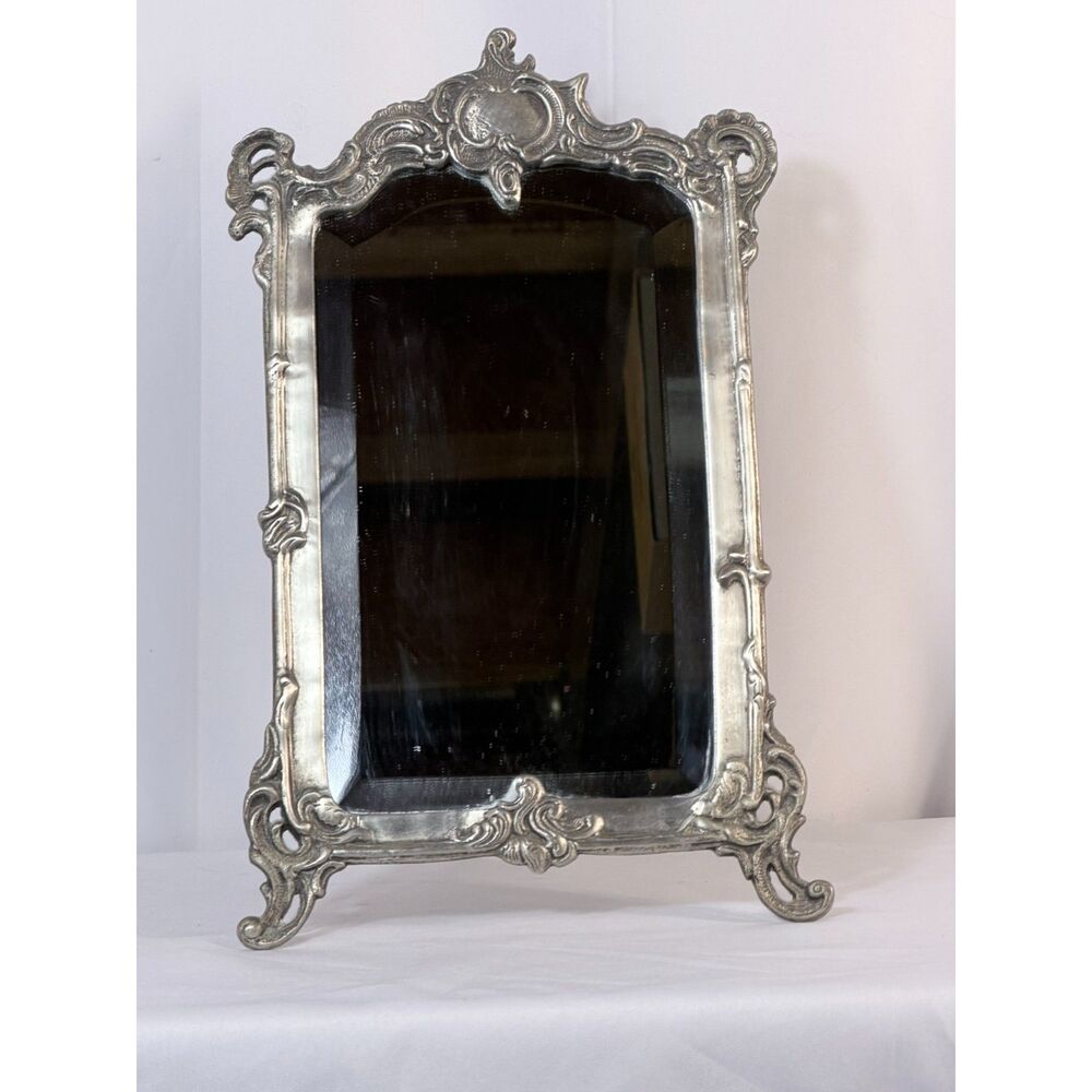 Antique Rococo Revival Easel Silver Plate Standing Vanity Table Mirror Ornate